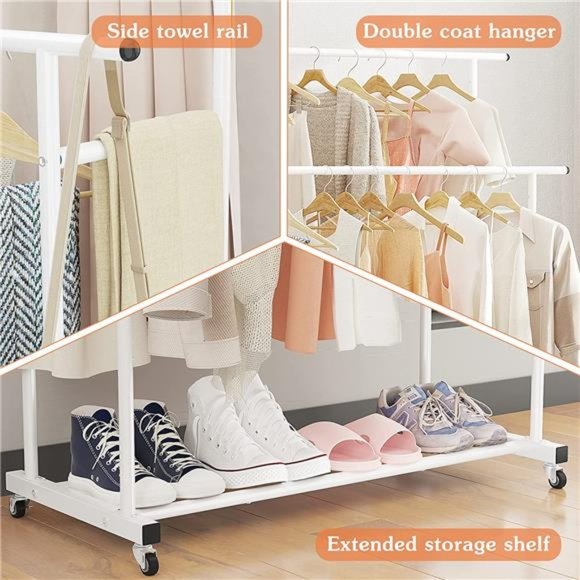 Double Rod Clothing Garment Rack, Rolling Hanging Clothes Rack, Portable White - Picture 7 of 7